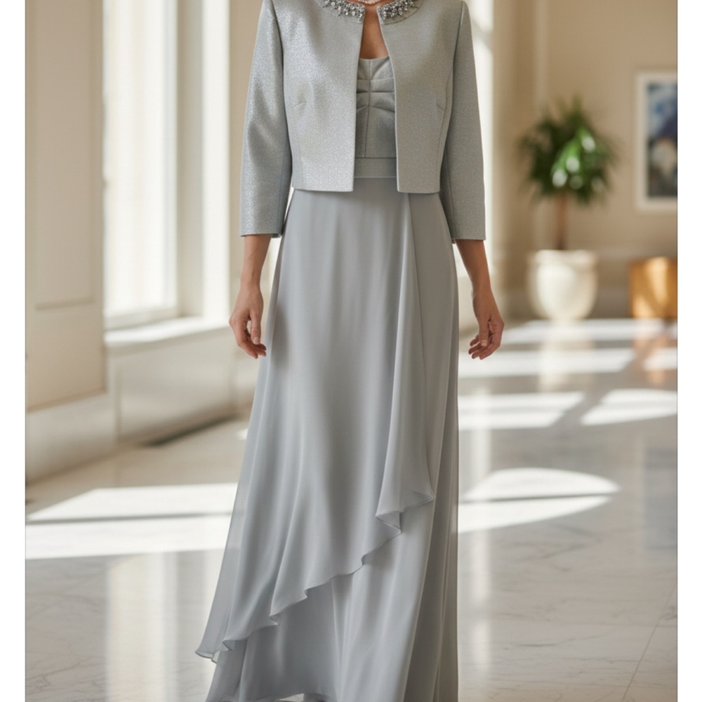 TAHARI CHIFFON GOWN WITH JACKET SIZE 8 METALLIC JACQUARD ARTHUR LEVINE MINT. - Picture 5 of 15